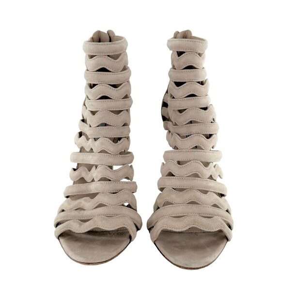 Prada Beige Suede Wavy Shootie Peep Toe Cage Heels Size 41 Neutral - Picture 3 of 9